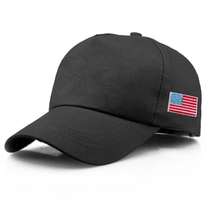 Classic black baseball cap with embroidered USA flag patch on twill cotton fabric