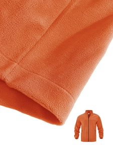 Detailed macro view of soft orange polar fleece fabric texture on a stand collar jacket