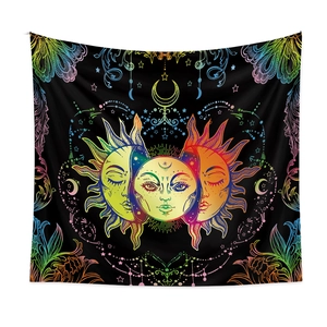 Bohemian sun moon tapestry with colorful mystical tarot patterns on black fabric