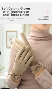 Close-up of khaki winter gloves with touch screen design and cute bowknot detail