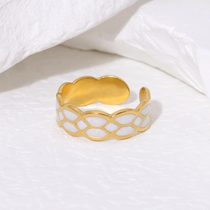 French retro 18K gold plated stainless steel wave ring with white enamel inlay