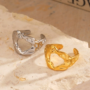 Irregular textured 18K gold and silver plated open rings with molten lava metal aesthetic