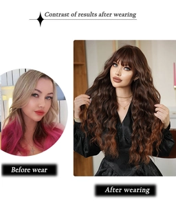 Before and after comparison of long wavy dark brown wig with bangs for a natural look