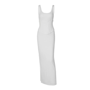 Detail of white sleeveless maxi dress with corseted waist and lace-up zipper design