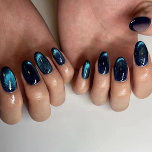 Aurora Cat Eye Press On Nails Oval Round Head Deep Blue Starry Sky Glossy Full Cover Artificial Fake Nails Elegant