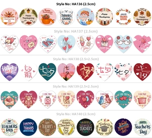 Detail view of 2.5cm multi-theme round and heart decorative labels with festive patterns