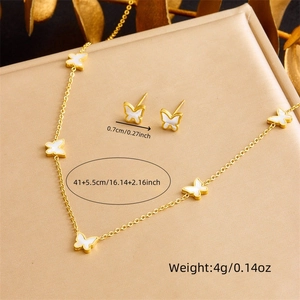 Elegant gold stainless steel jewelry set with white shell butterfly necklace and earrings
