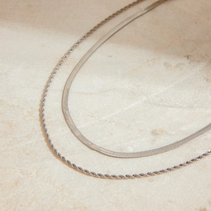 Minimalist silver stainless steel twist and flat snake chain necklaces set for women
