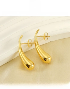 Detailed view of polished golden teardrop earrings made of durable titanium steel