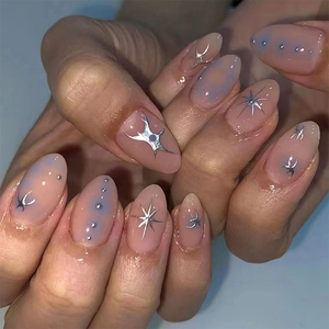 Press On Nails Silver Star Moon Pattern Pink Purple Gradient Glossy Oval Medium Round False Nails Adhesive Glue Included