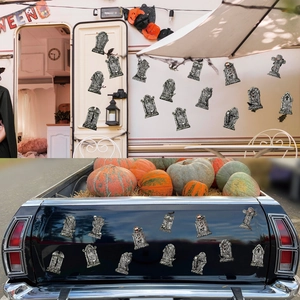 Detailed view of Halloween tombstone magnetic stickers applied on a vehicle exterior