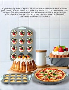 Detailed set of grey silicone muffin tins and cake pans with mint green non-slip handles