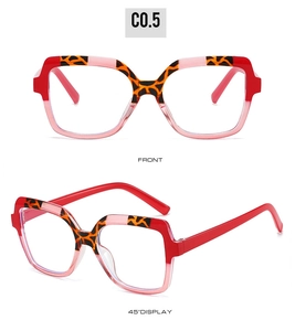 Front and 45-degree angle view of red pink gradient blue light blocking glasses