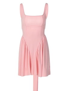 Pink backless mini dress with ruffles and stylish tie-up design for women summer