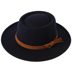 Detail of dark blue wool fedora with brown leather band and gold metal buckle