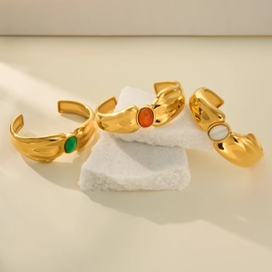Chic 18k gold plated stainless steel cuff bracelet with colorful resin gemstones