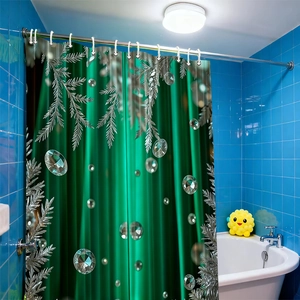 Detail of Christmas bath curtain featuring silver pine branches and diamond print