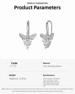 Macro detail of 925 sterling silver bee earrings with heart-shaped 0.5ct cubic zirconia