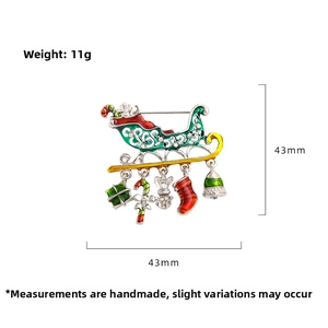 Detail of Christmas sleigh brooch with colorful enamel charms and 43mm size display