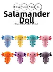 Detailed collection of cute axolotl plush toys in eight vibrant colors on white background