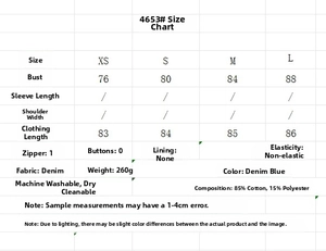 Guide des tailles pour robe en jean avec mesures XS à L et détails de composition du tissu
