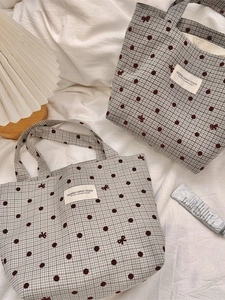 Sac Fourre-Tout En Toile À Carreaux À Pois Broderie De Nœud Sac À Main Grande Capacité Style Japonais Zakka Décontracté Femmes