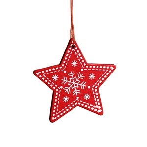 Red star-shaped wooden Christmas ornament with white snowflake patterns and hanging rope
