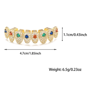 Detail showing dimension and weight of gold hip hop grillz with colorful zircon stones