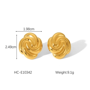 Detailed view of golden spiral swirl earrings with size 1.98cm and weight 9.1g specs