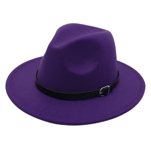 Close-up of purple wool felt fedora hat featuring a black leather band and silver buckle