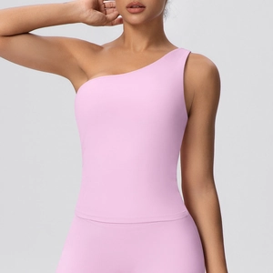 Slim fit light pink one-shoulder yoga vest with moisture-wicking fabric for fitness