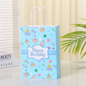 Blue kraft paper gift bag with Happy Birthday prints and white twisted rope handles