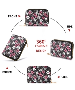 Multi-angle view of women's floral card holder with zipper closure and compact design