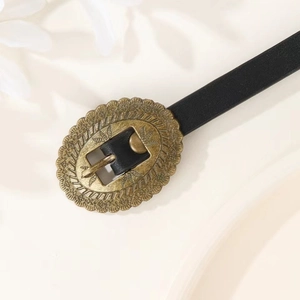 Vintage PU leather belt with antique bronze oval engraved buckle for women
