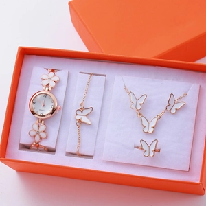 Elegantes Goldblumen Uhren Set mit Schmetterling Schmuck in einer Premium Geschenkbox