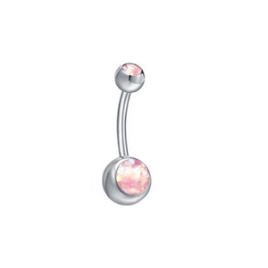 Silver belly button ring with pink opal stones in a curved surgical steel barbell design