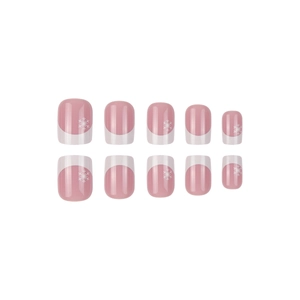 Classic short square French press-on nails with pink base and white snowflake patterns