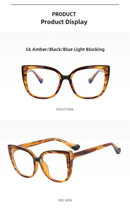 Vistas frontal y lateral de gafas cat-eye ámbar y negro con filtro de luz azul