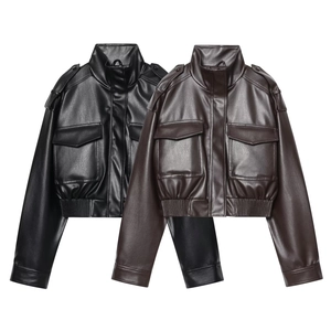 Women PU Leather Jacket Stand Collar Long Sleeve Zip Up Motorcycle Faux Leather Coat With Large Pockets Bomber Style