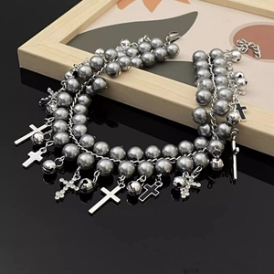 Layered grey pearl choker necklace with silver cross charms and tassels in punk style
