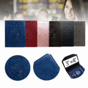 Macro detail of PU leather passport covers in multiple colors with embossed lettering