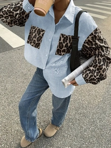Women's loose long-sleeve shirt with blue stripes and leopard print patchwork details