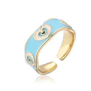 18K gold-plated open heart ring with light blue enamel evil eye pattern on white background