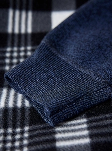 Detailed view of dark blue ribbed cuffs on a men's heavy knit cardigan sweater