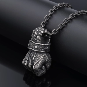 Vintage punk style clenched fist pendant necklace in aged stainless steel finish