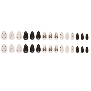White polka dot and black bow almond press-on nails set with 30 pieces