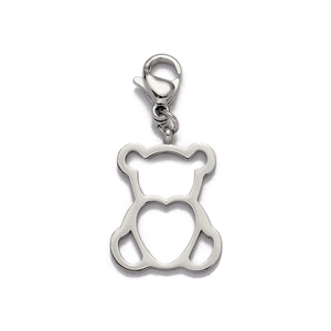 Detailed close-up of a silver stainless steel bear pendant with hollow heart and lobster clasp