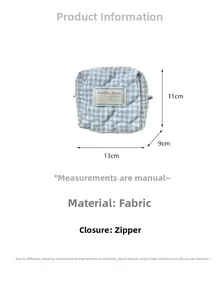Detail of blue and white plaid quilted cosmetic bag showing dimensions 13x11x9cm and zipper