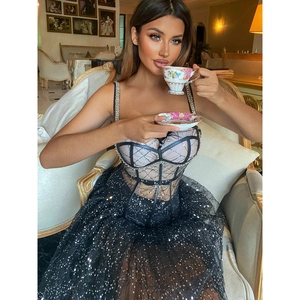Elegant black sequin mesh corset dress with rhinestone details for formal evening parties