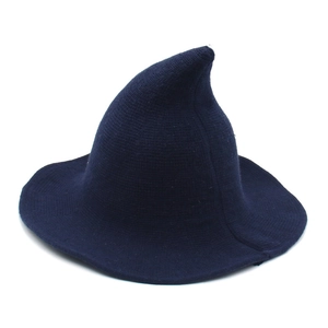 Navy blue knitted witch hat with pointed top and wide brim for Halloween cosplay outfits